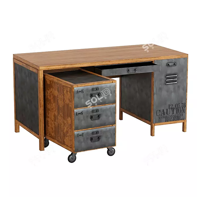 Vintage Industrial Mango Wood Desk 3D model image 3