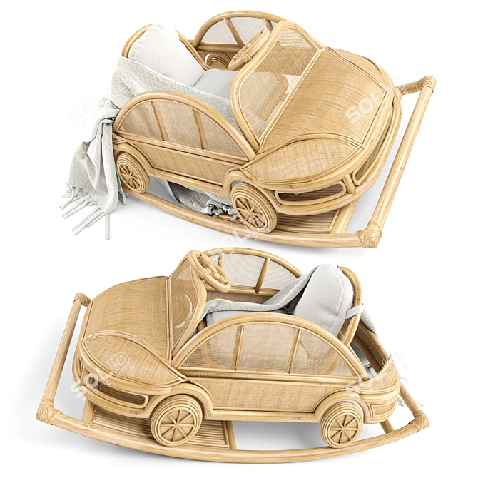Vintage-Inspired Kids Rattan VW Rocking Car 3D model image 2