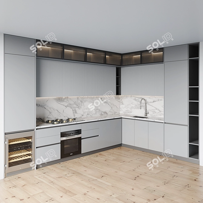 Modern Kitchen Set: Gas Hob, Oven, Wine Fridge & Sink 3D model image 2