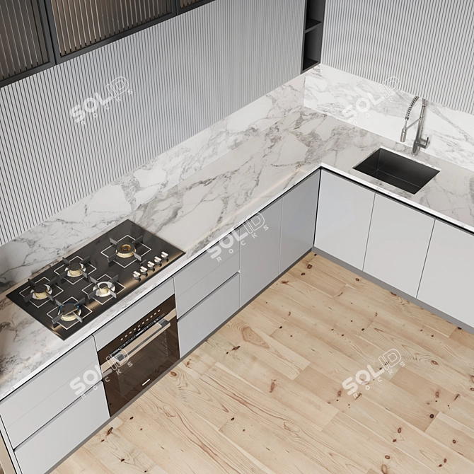 Modern Kitchen Set: Gas Hob, Oven, Wine Fridge & Sink 3D model image 4