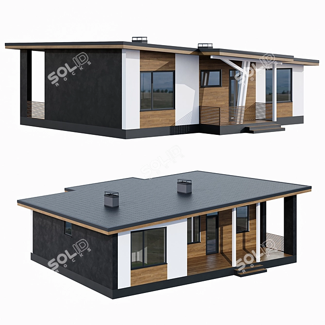 Stylish Single-Storey Home with Pitched Roof 3D model image 2