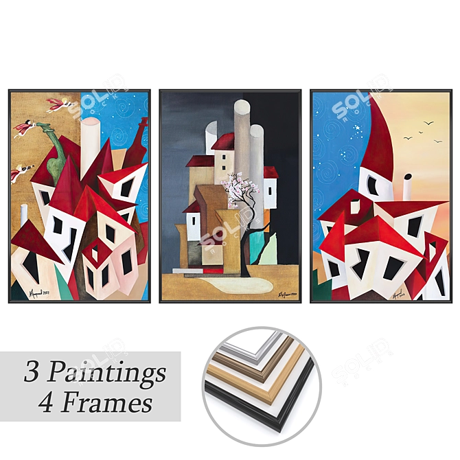 Artistic Trio: Paintings & Frames 3D model image 1