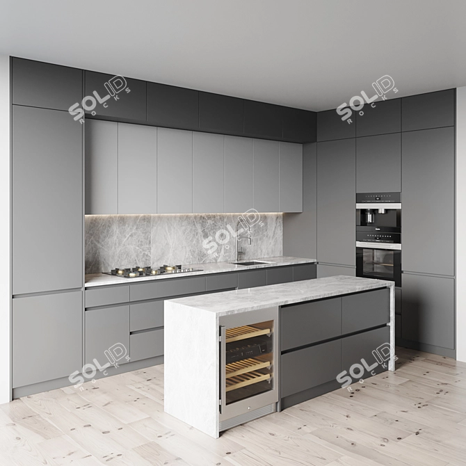 Modern Kitchen Set: Gas Hob, Oven, Coffee Machine, Wine Fridge, Sink & Hood 3D model image 2