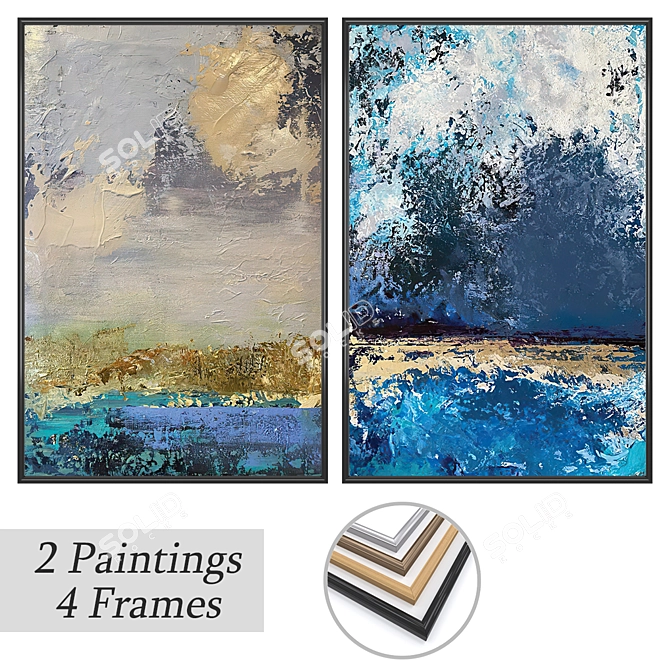 Modern Art Paintings: Set of 2 with 4 Frame Options 3D model image 1