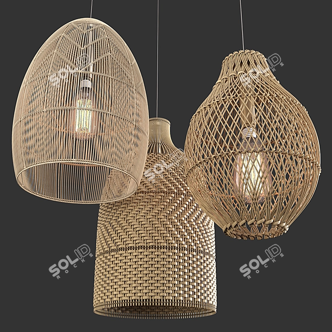 Natural Rattan Trio Pendant Lights 3D model image 1