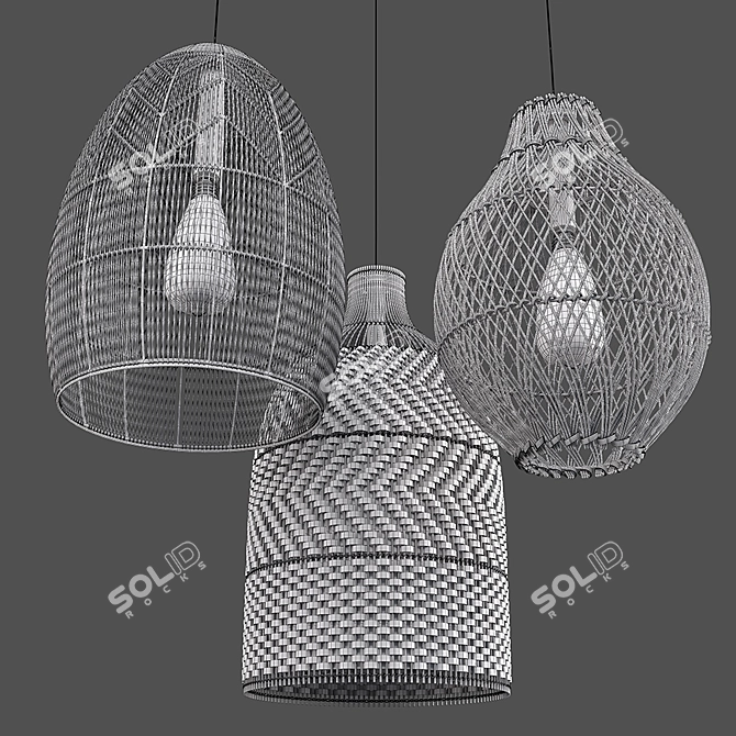 Natural Rattan Trio Pendant Lights 3D model image 5