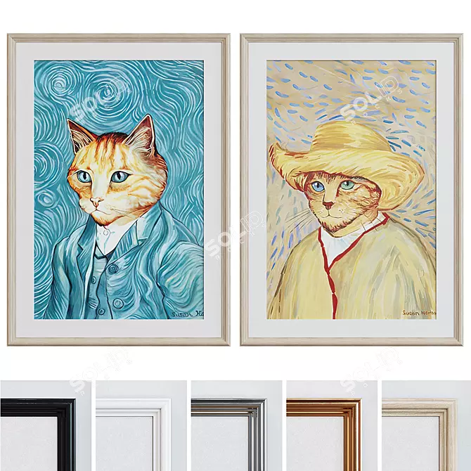 Modern Van Gogh Cat Oil Painting Frame Set 3D model image 1