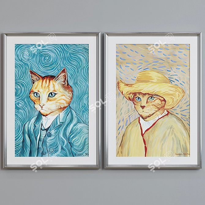 Modern Van Gogh Cat Oil Painting Frame Set 3D model image 3