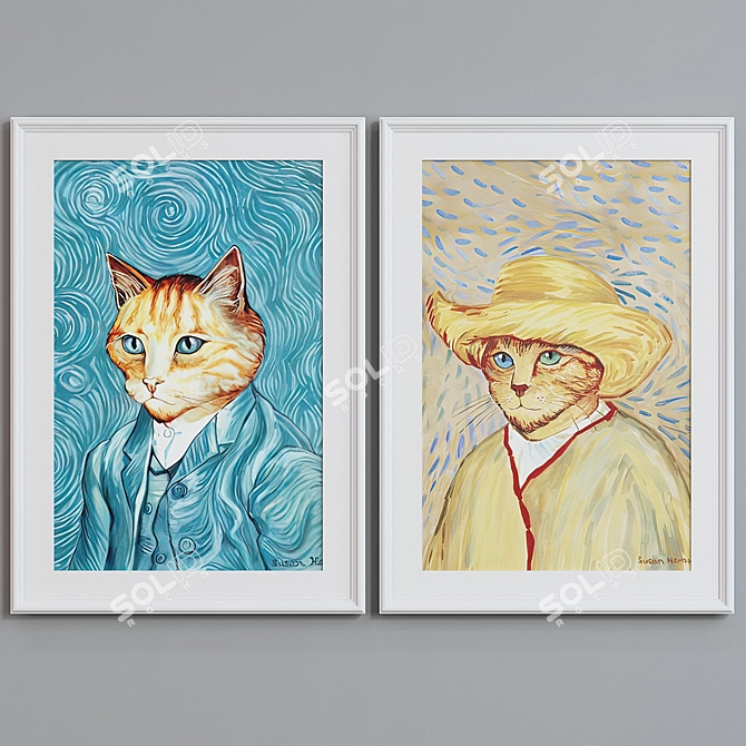 Modern Van Gogh Cat Oil Painting Frame Set 3D model image 4