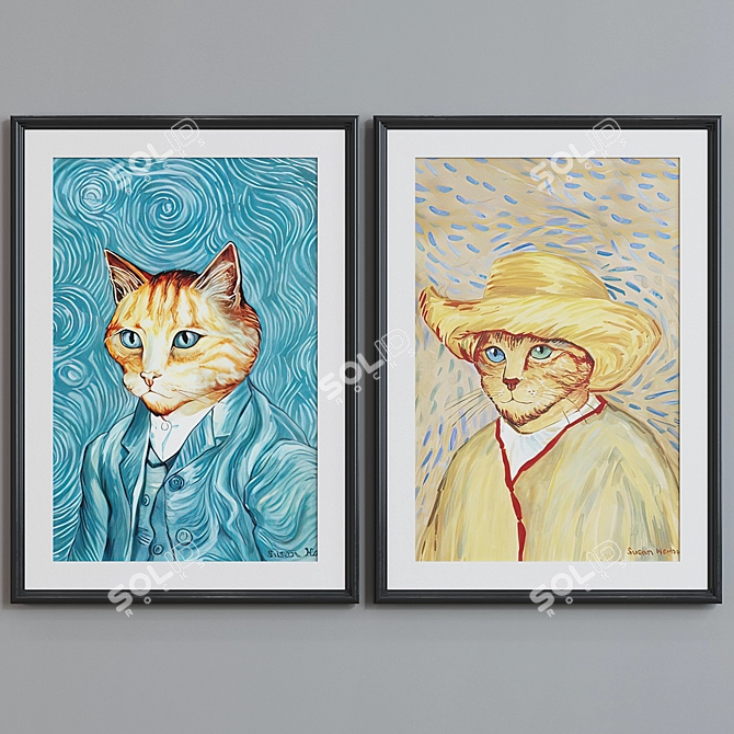 Modern Van Gogh Cat Oil Painting Frame Set 3D model image 5