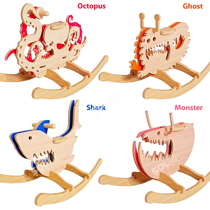 Wooden Kids Rocking Chairs Set 3D model image 1