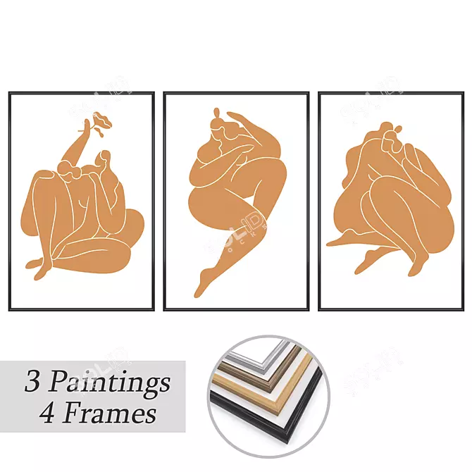 Set of 3 Paintings with Multiple Frame Options 3D model image 1