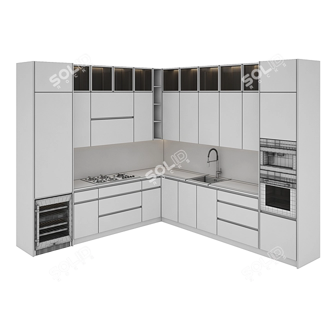 Modern Kitchen Set with Gas Hob, Oven, Coffee Machine, Wine Fridge, Sink, and Hood 3D model image 5