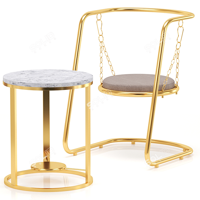 Sleek Gold Metal Coffee Table and Chair 3D model image 1