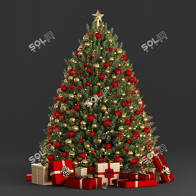 Holiday Joy: Golden & Red Christmas Tree 3D model image 1