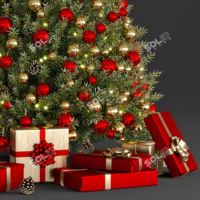 Holiday Joy: Golden & Red Christmas Tree 3D model image 2