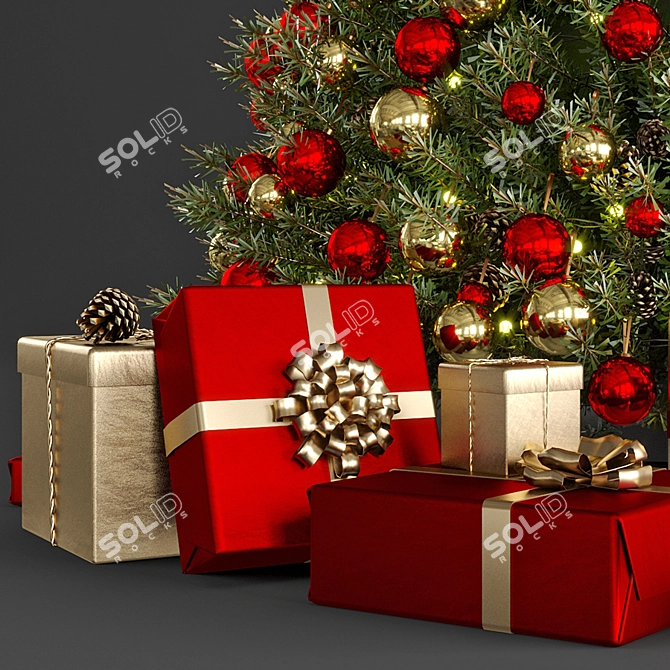 Holiday Joy: Golden & Red Christmas Tree 3D model image 6