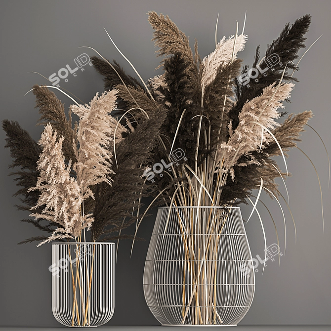 Dried Reed Bouquet in Metal Basket 3D model image 1