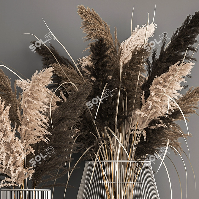 Dried Reed Bouquet in Metal Basket 3D model image 2