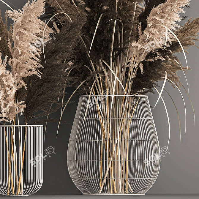 Dried Reed Bouquet in Metal Basket 3D model image 4