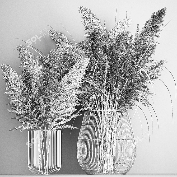 Dried Reed Bouquet in Metal Basket 3D model image 6