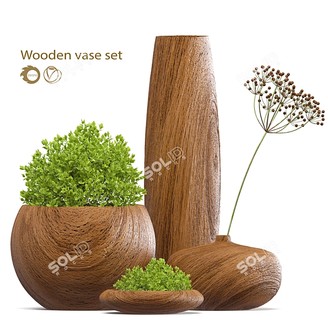 Rustic Wooden Vase Set 3D model image 1
