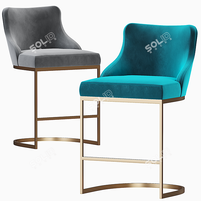 Teal Velvet and Brass Bar Stool 3D model image 1