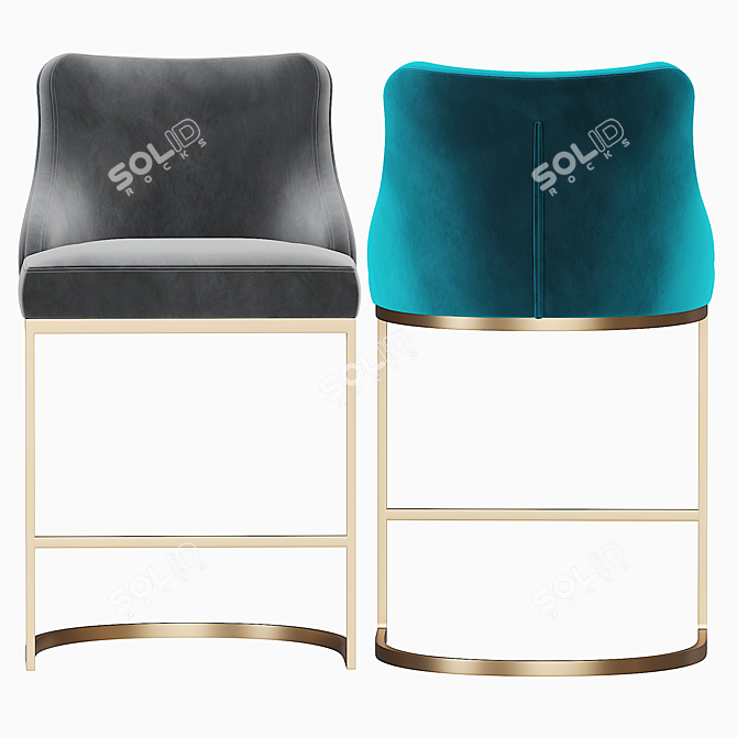 Teal Velvet and Brass Bar Stool 3D model image 4