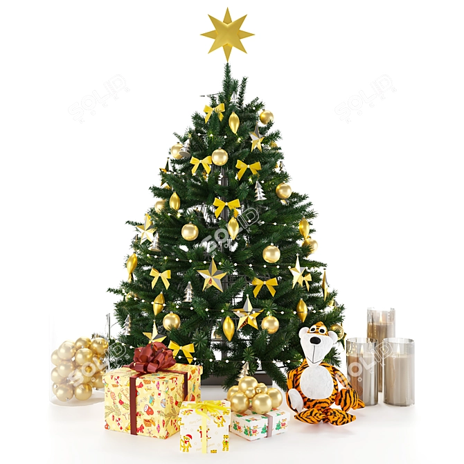  Festive Christmas Tree with Ornaments & Tiger Toy 3D model image 1