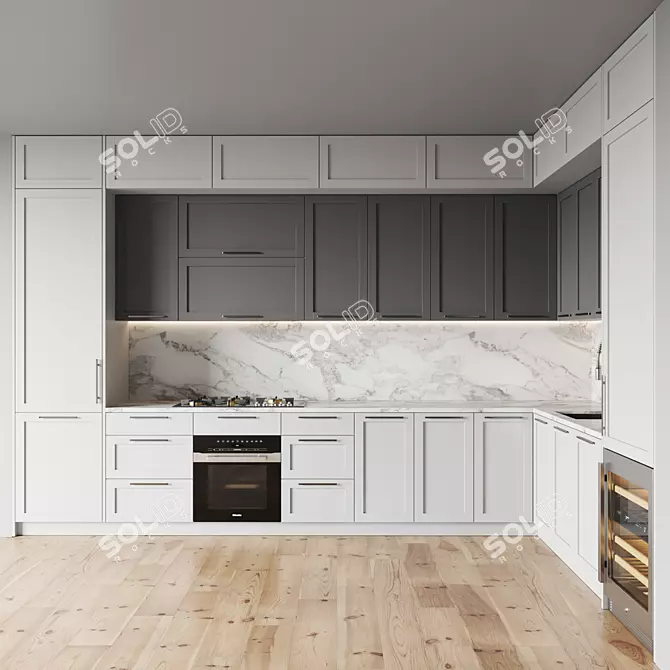  Modern Kitchen Set with Gas Hob, Oven, Wine Fridge, Sink, and Hood 3D model image 1