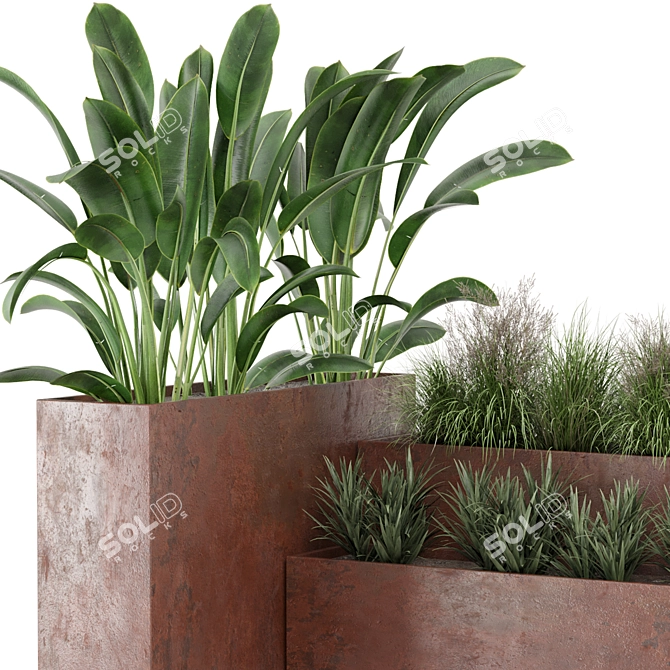 Rustic Metal Pot with Outdoor Bush 3D model image 3