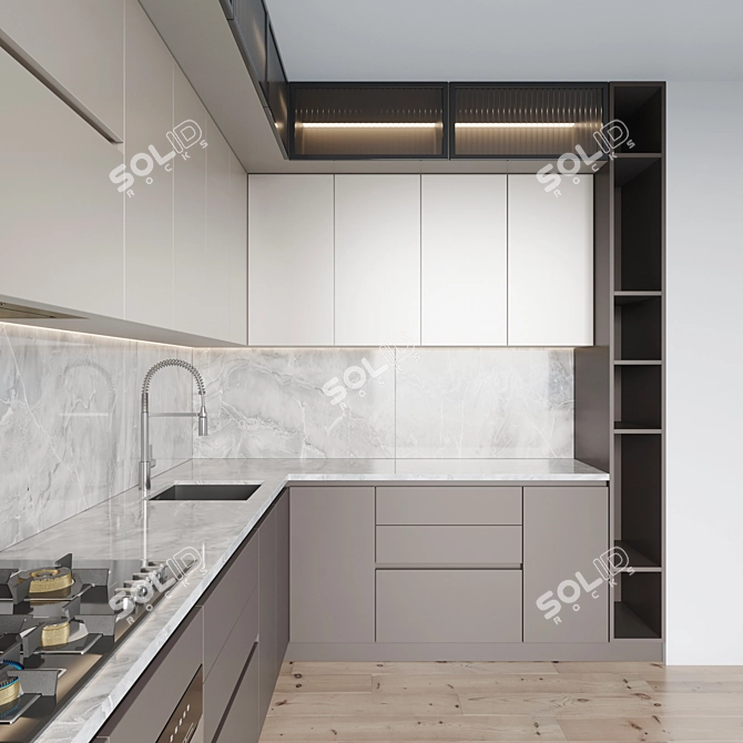 Modern Kitchen Set with Gas Hob, Oven, Coffee Machine, Sink & Hood 3D model image 3