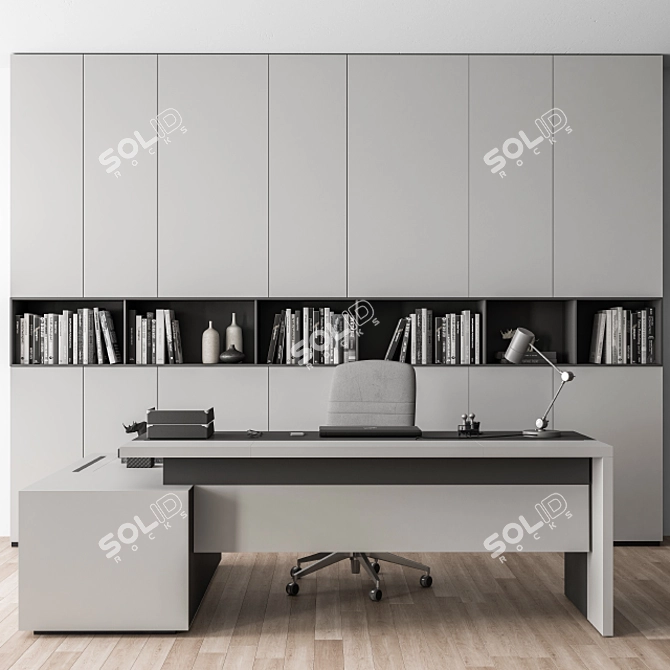 Executive Gray Desk with Library - Office Essential 3D model image 1