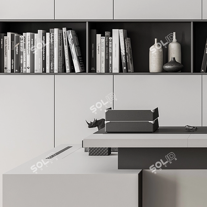 Executive Gray Desk with Library - Office Essential 3D model image 3