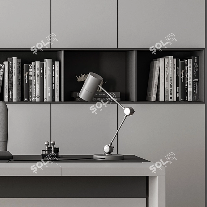Executive Gray Desk with Library - Office Essential 3D model image 4