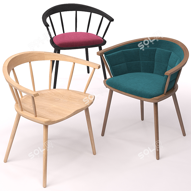 Spindle Low Back Diner: Natural Wood, Various Upholstery Options 3D model image 1