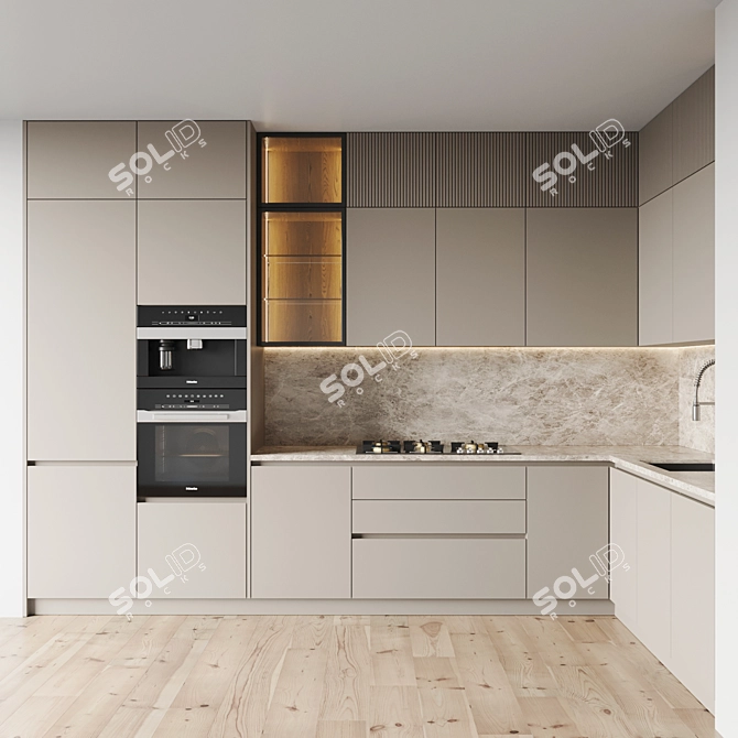 Modern Kitchen Set with Gas Hob, Oven, Coffee Machine, Sink & Hood 3D model image 1