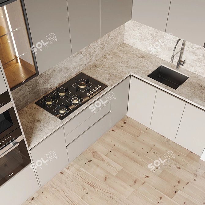 Modern Kitchen Set with Gas Hob, Oven, Coffee Machine, Sink & Hood 3D model image 3