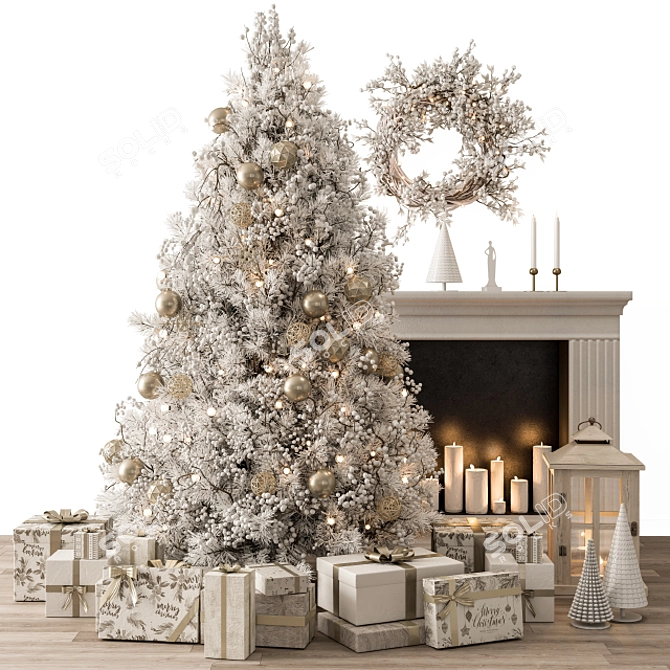 Golden White Christmas Tree Gift 3D model image 1