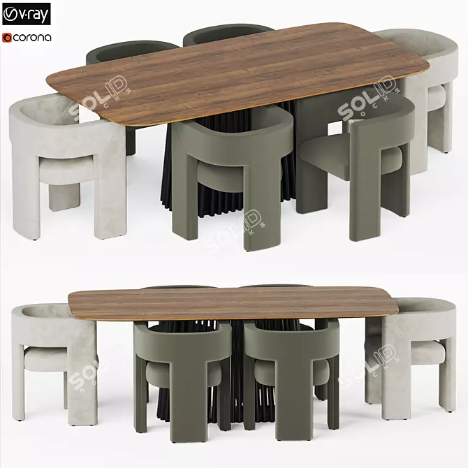 Modern Velvet and Wood Dining Set 3D model image 1
