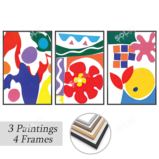 Elegant Art Set: 3 Paintings & 4 Frame Options 3D model image 1