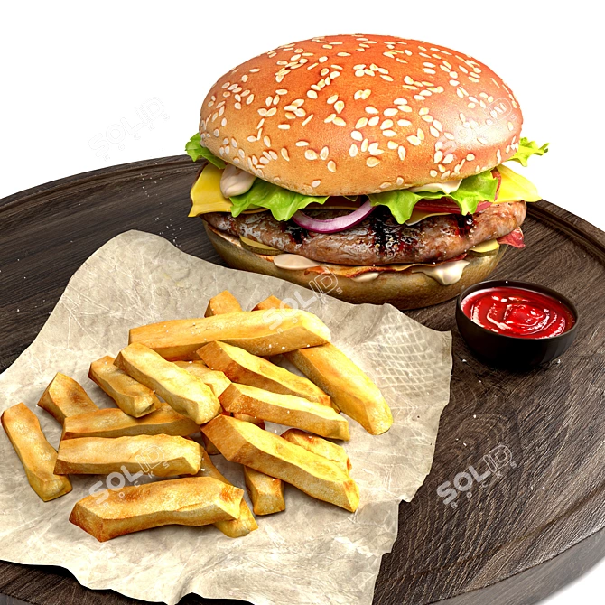 Savory Burger and Crispy Fries 3D model image 4