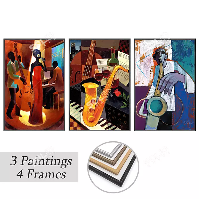 Elegant Art Set: 3 Paintings with 4 Frame Options 3D model image 1