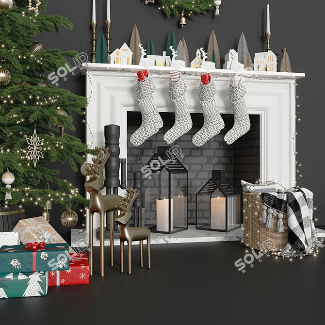 Festive Christmas Tree & Fireplace Décor 3D model image 4