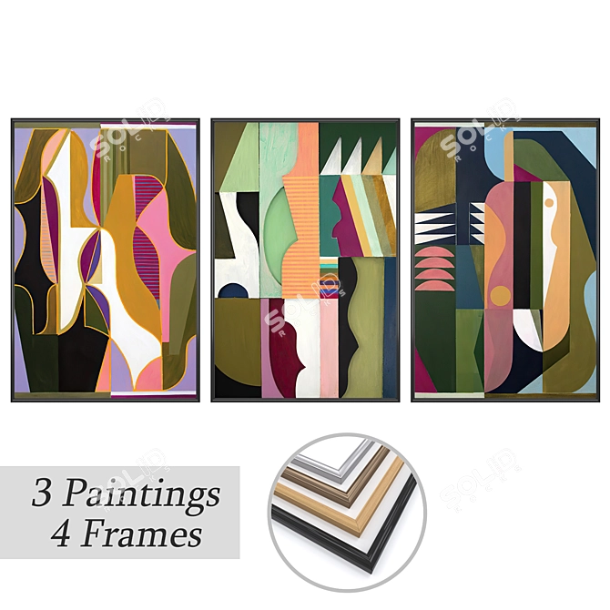 Elegant Framed Paintings Set 3D model image 1