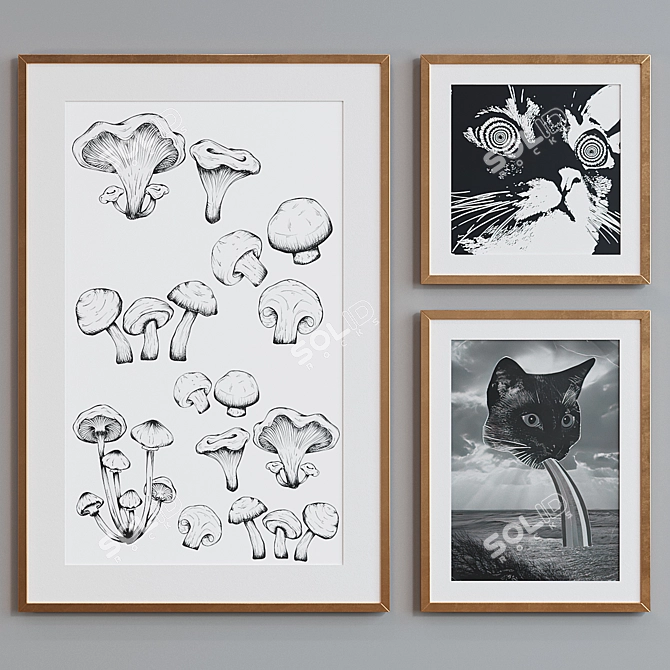 Modern Collage Cat and Mushroom Picture Frame Set 3D model image 4