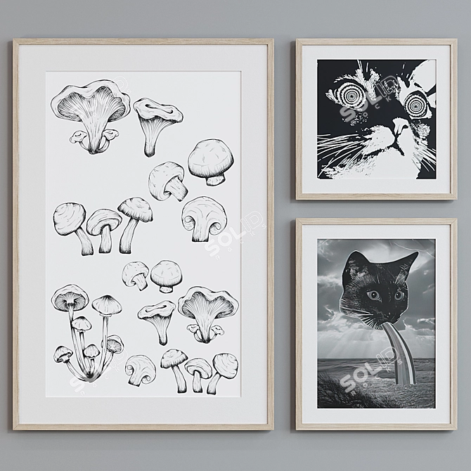 Modern Collage Cat and Mushroom Picture Frame Set 3D model image 5