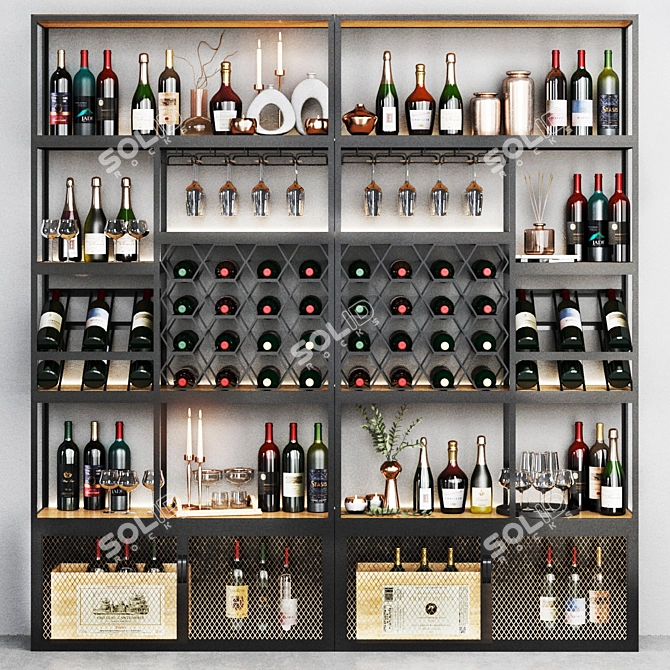 Industrial Standing Wine Rack with Glass Rack 3D model image 1