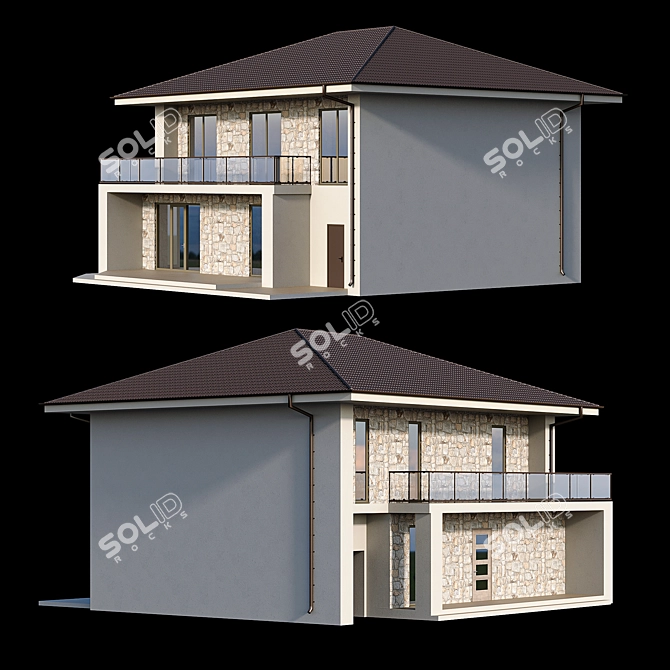 Modern Stone House with Panoramic Windows 3D model image 2