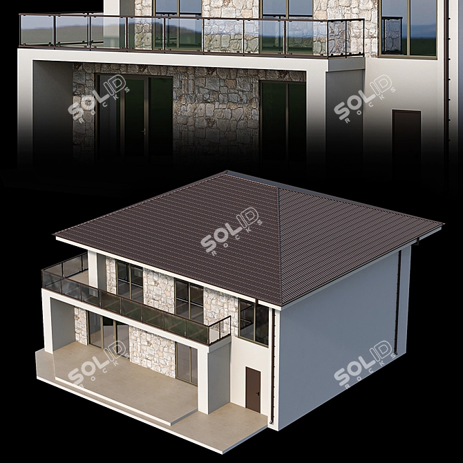 Modern Stone House with Panoramic Windows 3D model image 4